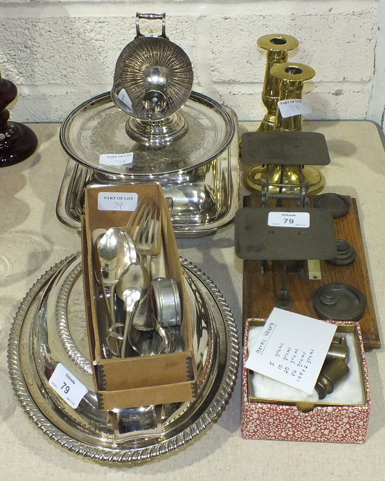 Two plated entrée dishes and covers, other plated ware, a pair of brass candlesticks, a copper