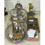 Two plated entrée dishes and covers, other plated ware, a pair of brass candlesticks, a copper