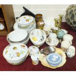 A quantity of Royal Worcester 'Evesham' dinnerware, other ceramics, a pair of brass candlesticks,