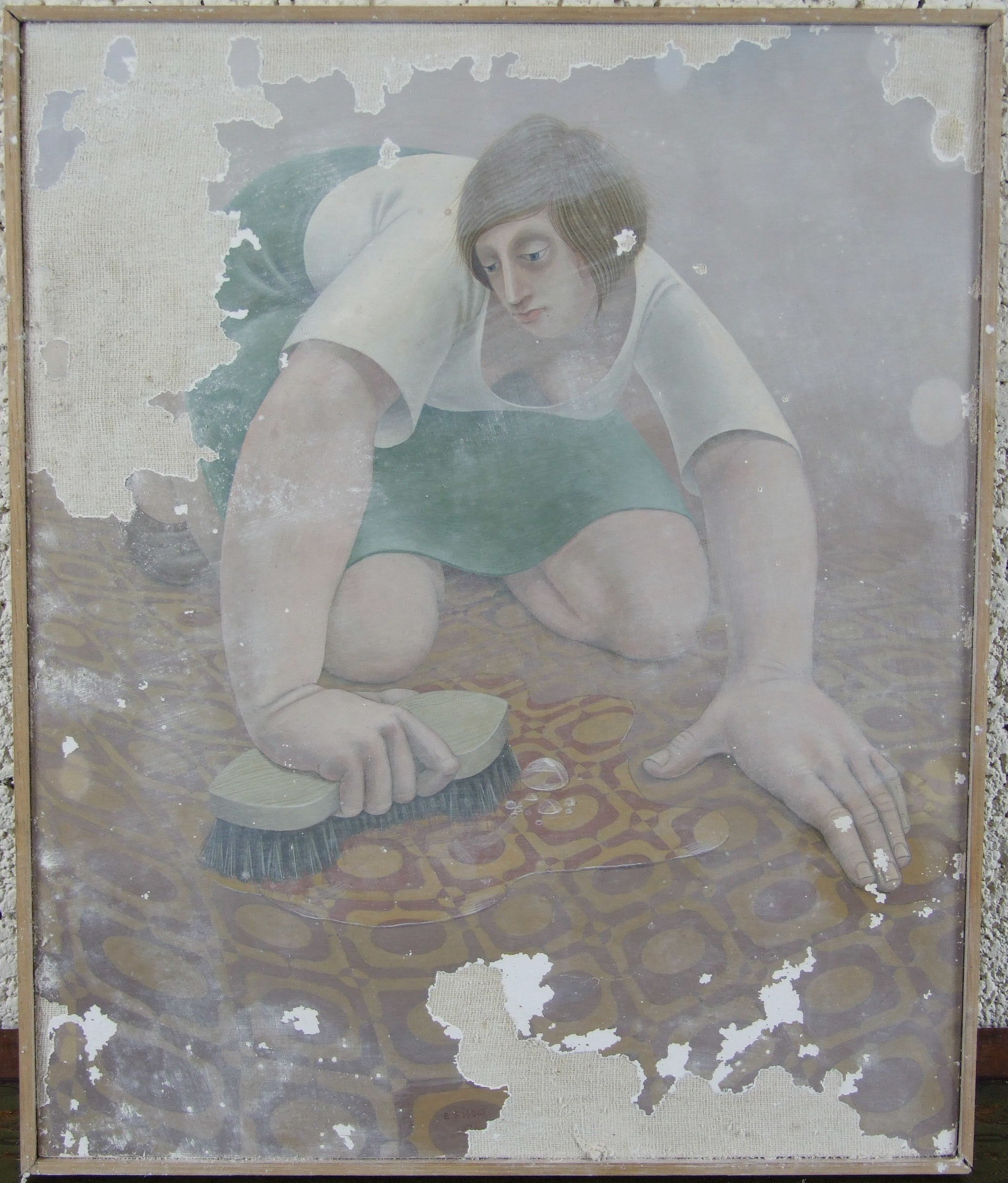 **Eric Holt (1944-1997) GIRL SCRUBBING A FLOOR Signed tempera on gesso and linen, dated 1974, 29 x