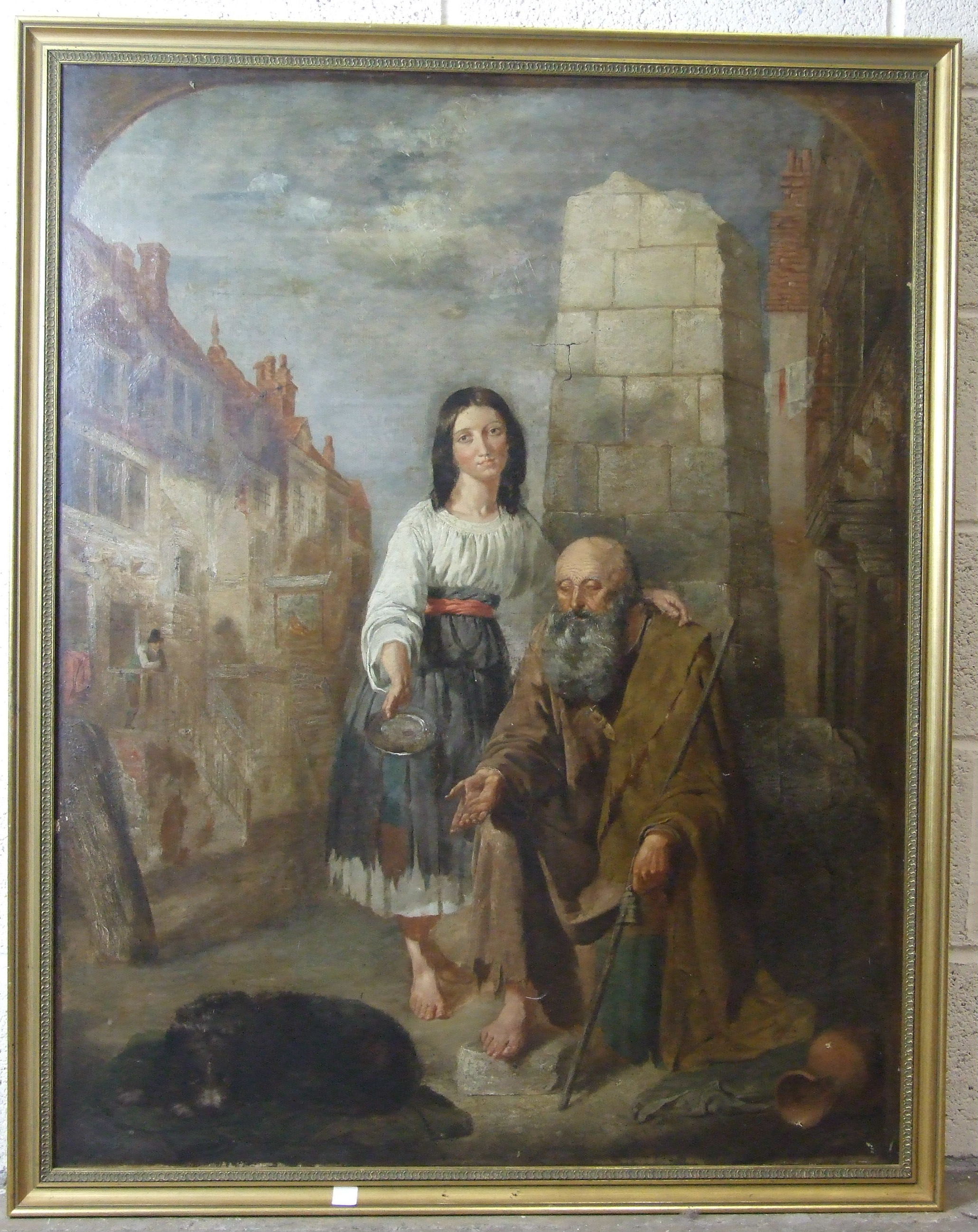 19th century English School THE BLIND BEGGAR WITH A GIRL AT HIS SIDE AND A DOG LYING BY HIS FEET