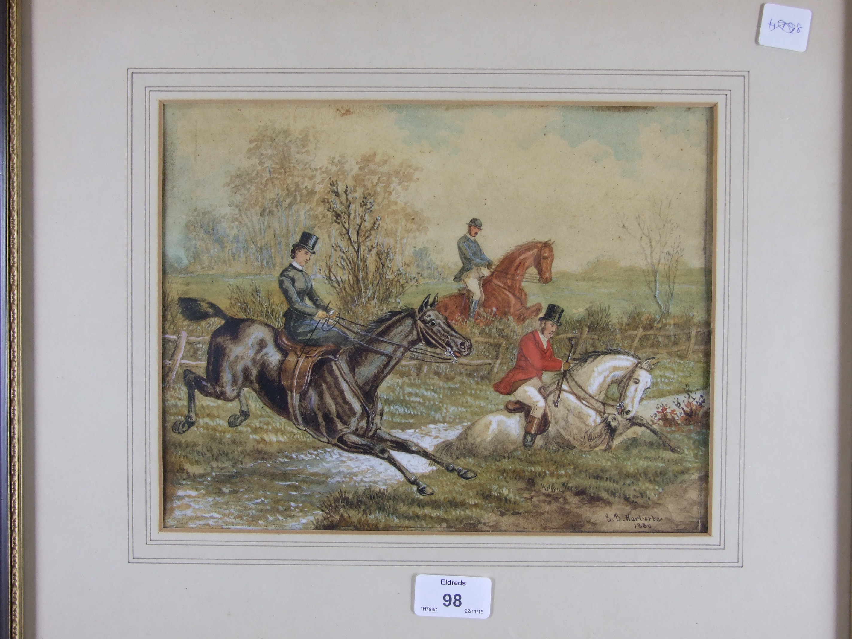 Edward Benjamin Herberte (fl 1857-1893) HUNTING SCENE OF THREE HORSES AND RIDERS CROSSING A STREAM - Image 3 of 3