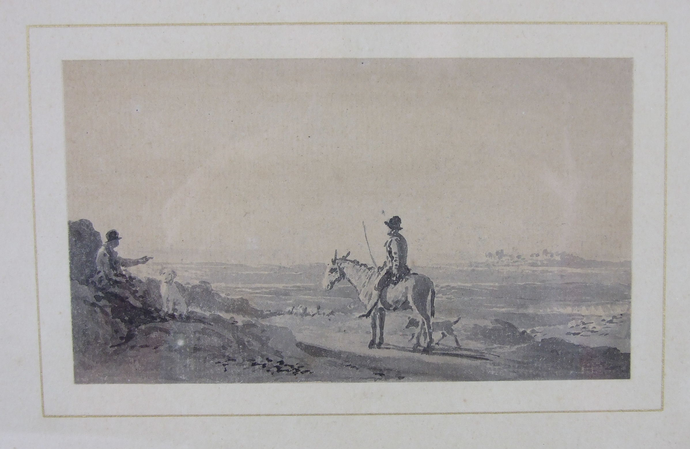18th century English School FIGURE RIDING A DONKEY WITH A DOG BY THE ROADSIDE Unsigned monochrome - Image 2 of 2