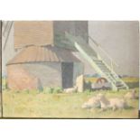 **20th century English School SHEEP BESIDE A WINDMILL IN A SUNLIT LANDSCAPE Unsigned oil on