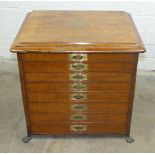 A 19th century oak rectangular collectors' chest of eight drawers with concealed handles, raised