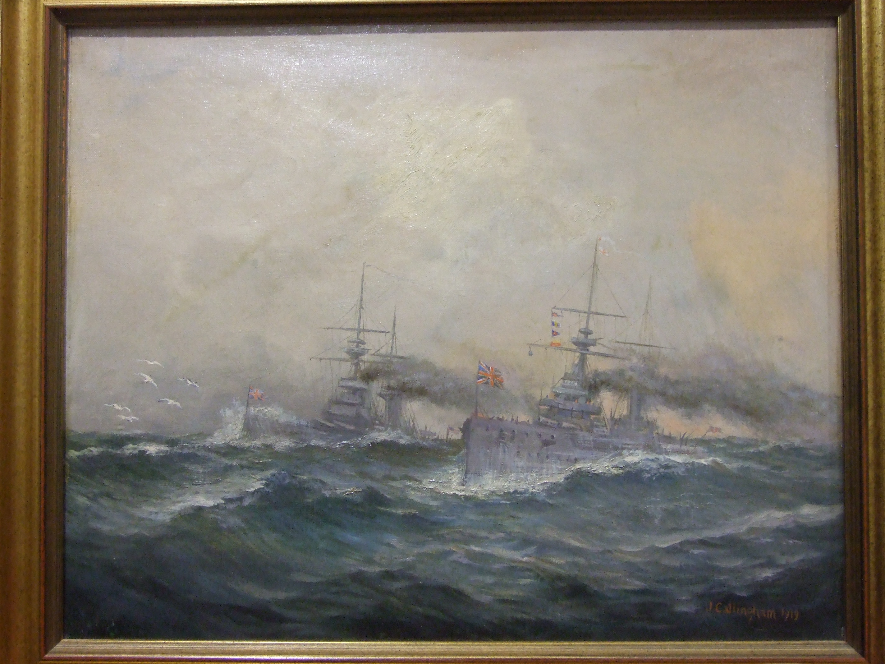 J Callingham (late 19th/early 20th century) TWO DESTROYERS AT SEA Signed oil on canvas, dated