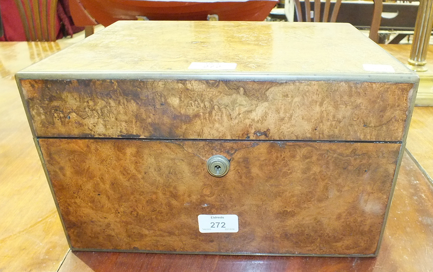 A late-Victorian brass-bound burr walnut jewellery box with hinged lid opening to reveal an interior - Image 3 of 9