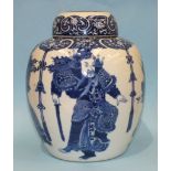 A large 19th century Chinese jar and cover decorated in blue with four-character mark to base,