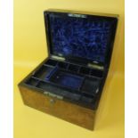 A late-Victorian brass-bound burr walnut jewellery box with hinged lid opening to reveal an interior