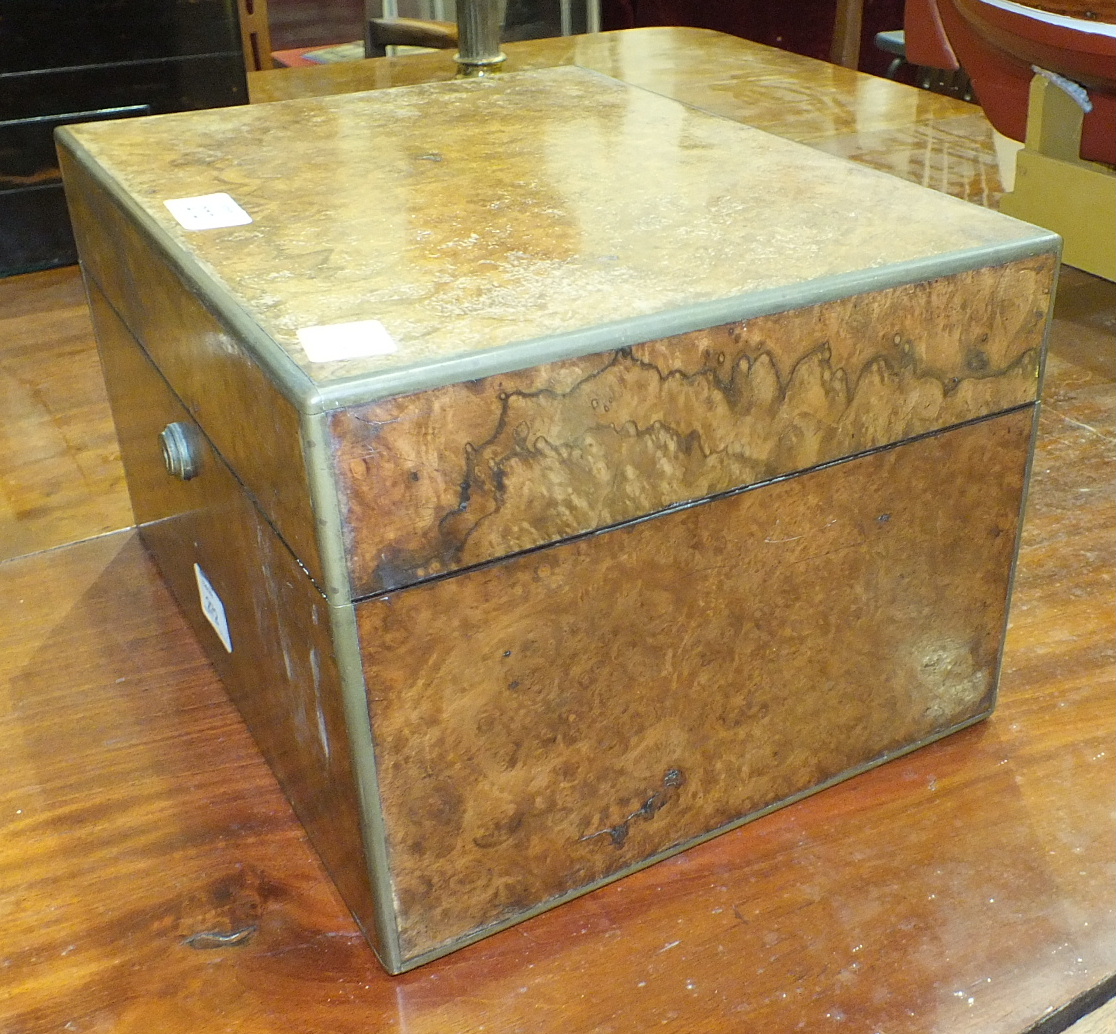 A late-Victorian brass-bound burr walnut jewellery box with hinged lid opening to reveal an interior - Image 4 of 9