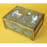 An early 20th century gilt brass-bound jade cigarette box decorated with coloured stones, 12cm