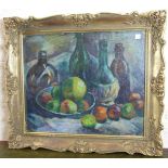 **Arthur Ewan Forbes Dalrymple (1912-1970) STILL LIFE WINE BOTTLES AND APPLES Signed oil on board,