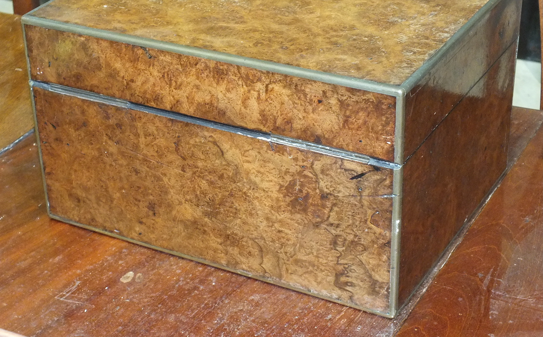 A late-Victorian brass-bound burr walnut jewellery box with hinged lid opening to reveal an interior - Image 6 of 9