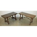 A pair of 20th century Spanish benches in the 17th century style, each rectangular top on pierced