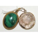 A small 9ct gold locket with engraved decoration and an unmarked yellow metal locket set malachite