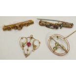 An Edwardian brooch collet-set two peridots and a seed pearl, within oval knife-wire frame, (one