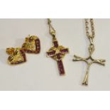 A 9ct gold cross, 3cm long, on 9ct gold belcher link chain, 7g, a pair of silver gilt earrings set