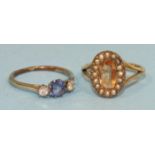 A topaz and pearl cluster ring in yellow metal mount, size L½, 3g, (a/f) and a sapphire and