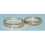A 9ct gold ring set synthetic white stones and another 9ct gold ring set diamond points, 2.6g.