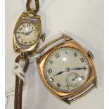 A 1930's gents Recordex wrist watch with 9ct gold cushion shaped case, 20.4g and a ladies Rotary 9ct