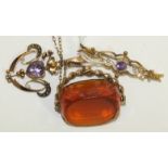A 9ct gold open work pendant set heart shaped amethyst and seed pearls, on plated chain, a 9ct