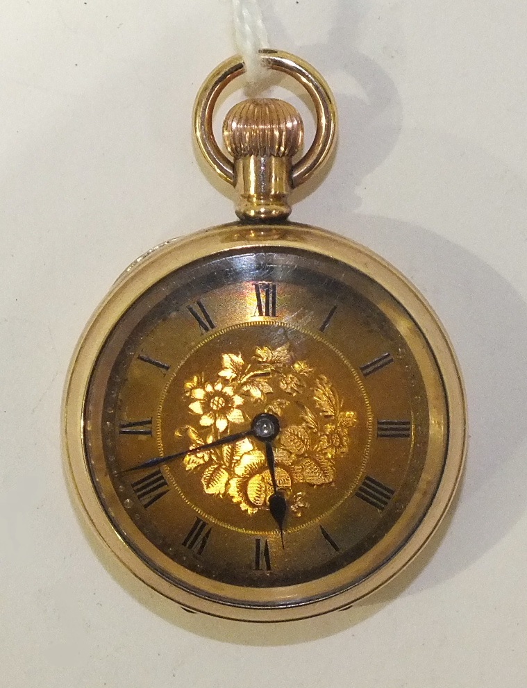 A small keyless open face pocket watch, the gilt engraved dial with Roman numerals, in plain gold