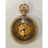 A small keyless open face pocket watch, the gilt engraved dial with Roman numerals, in plain gold