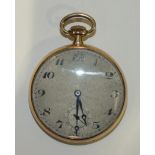 A 9ct gold cased keyless open face pocket watch, the engine turned silvered face with Arabic