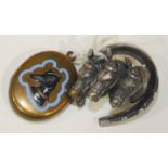 A Victorian unmarked silver brooch in the form of a horseshoe and three horses' heads, (af) and a