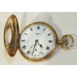 J W Benson, a 9ct rose gold half hunter keyless pocket watch, the white enamel dial with Roman