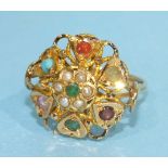 A yellow gold gem set cluster ring marked 21k, size N, 5g.