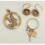 A pair of 9ct gold earrings, a 9ct gold Aquarius pendant, 4.6g and an unmarked ring, (3).