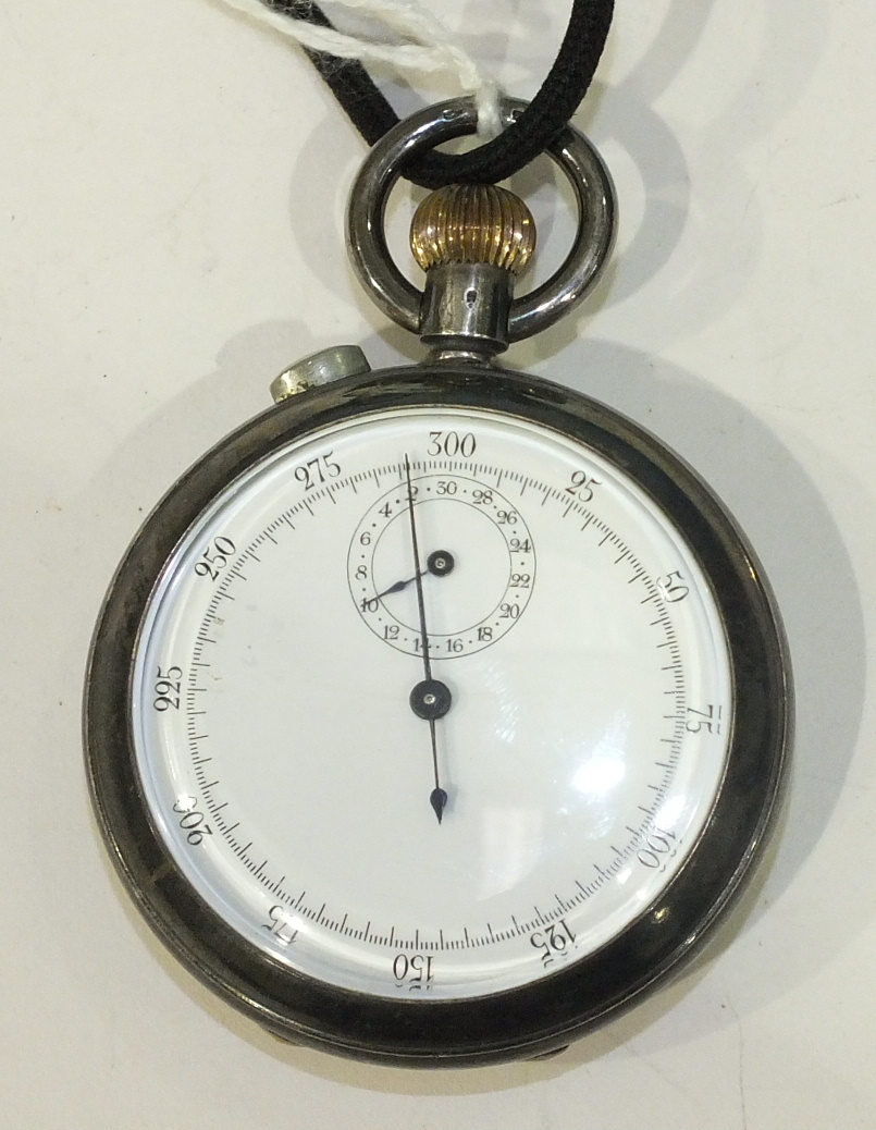 A Continental silver cased keyless stop watch, the white enamel dial with Arabic seconds 25-300