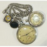 A gentleman's steel cased keyless open face pocket watch, the gilt dial with Arabic numerals, a