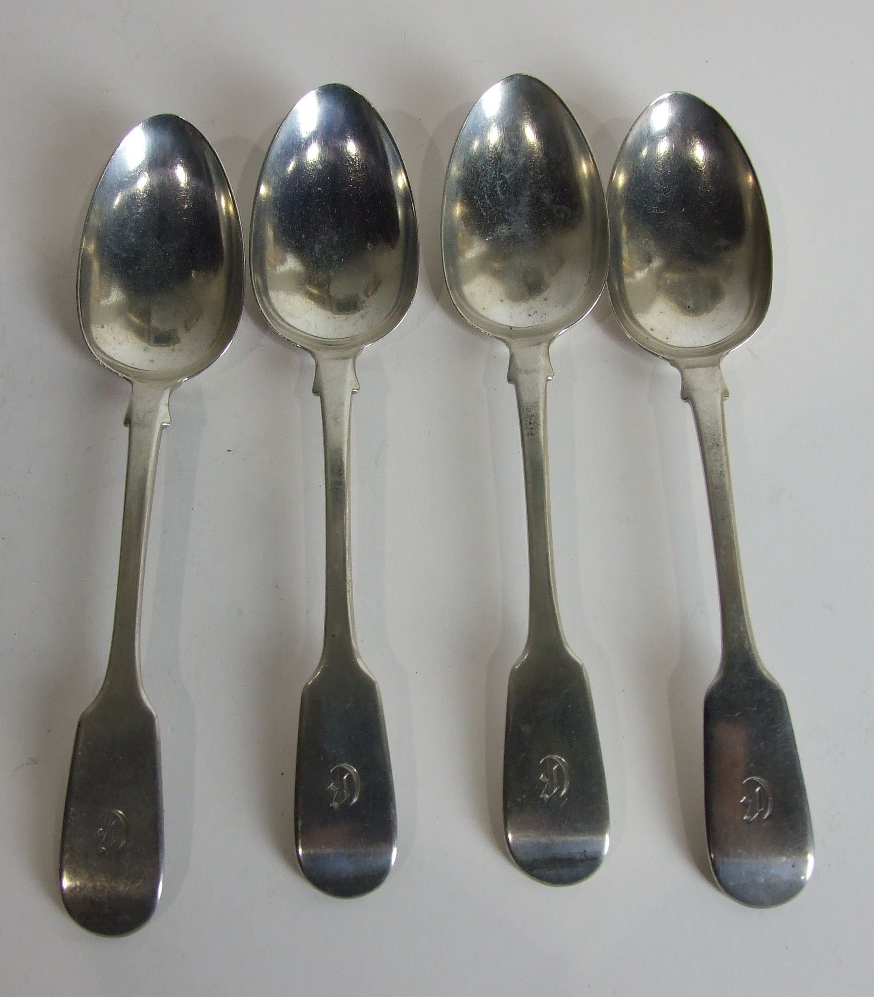 Four Victorian silver fiddle pattern table spoons, London 1850___10oz.