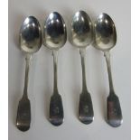 Four Victorian silver fiddle pattern table spoons, London 1850___10oz.