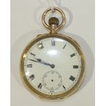 A 9ct-gold-cased open-face keyless pocket watch with crest to reverse and Masonic inscription to