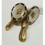 A pair of 15ct gold cufflinks of mother of pearl button form with enamelled borders, marked 585.