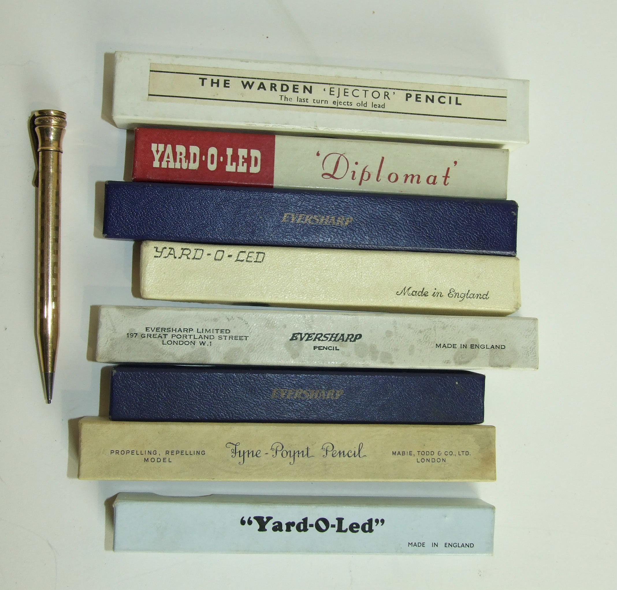 Nine gold plated pencils including Yard-O-Led, Mabie Todd & Co, Eversharp, (eight boxed), (9).