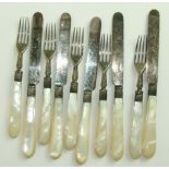 Five each Victorian mother of pearl handled silver dessert knives and forks, Sheffield 1889. (10).