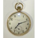 A 9ct-gold-cased open-face keyless pocket watch, the silvered dial with Arabic numerals and