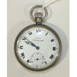 A Record 'Dreadnought' silver-cased keyless pocket watch with white enamel dial, Roman numerals