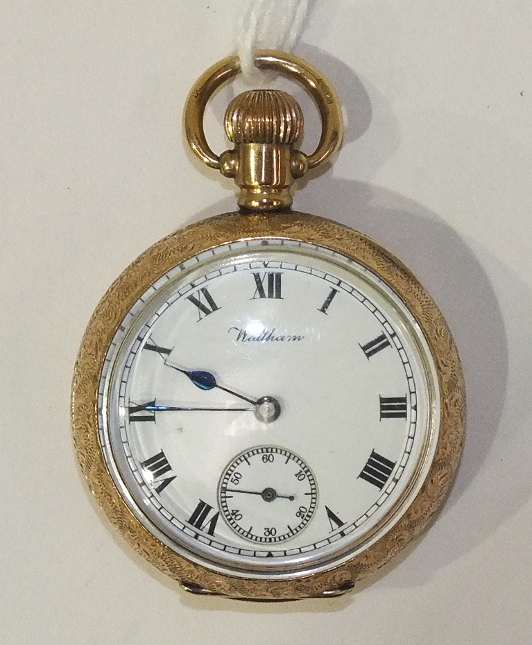 Waltham, a lady's gold-cased open-face keyless pocket watch, the white enamel dial with Roman