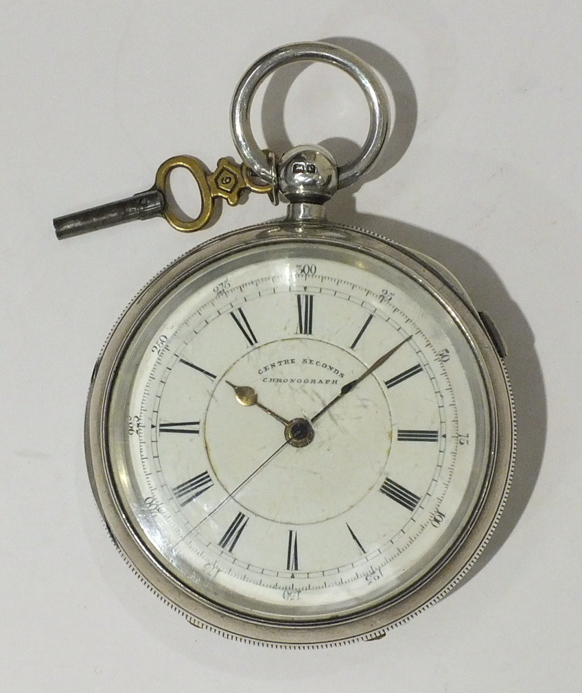 A silver cased centre seconds chronograph, the white enamel dial with Roman numerals, outer timing