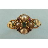 An early 19th century mourning ring set a cluster of pearls and red and green stones with locket