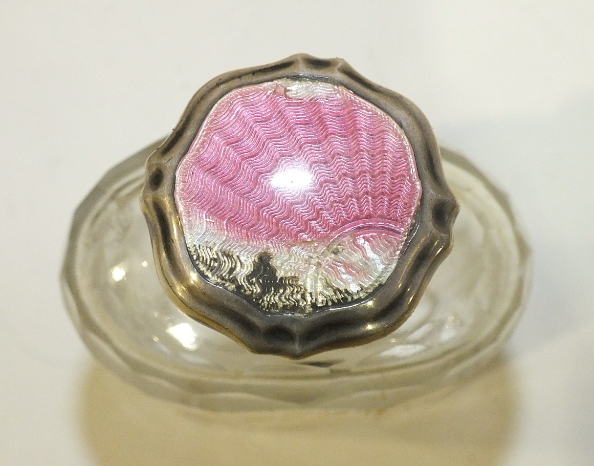 A six-piece silver and pink guilloche enamel dressing table set : brush, mirror and four glass - Image 5 of 6