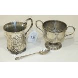 A small silver two-handled silver cup decorated with embossed floral swags, Sheffield 1902, 9cm, a