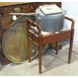 A stained wood music stool, two circular brass Benares trays, etc.