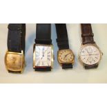 A gent's 9ct gold cased wrist watch marked Uno and three other wrist watches.