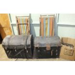 Two canvas covered and leather bound wicker domed trunks, one labelled Hodkinson, Sadler, 85cm wide,